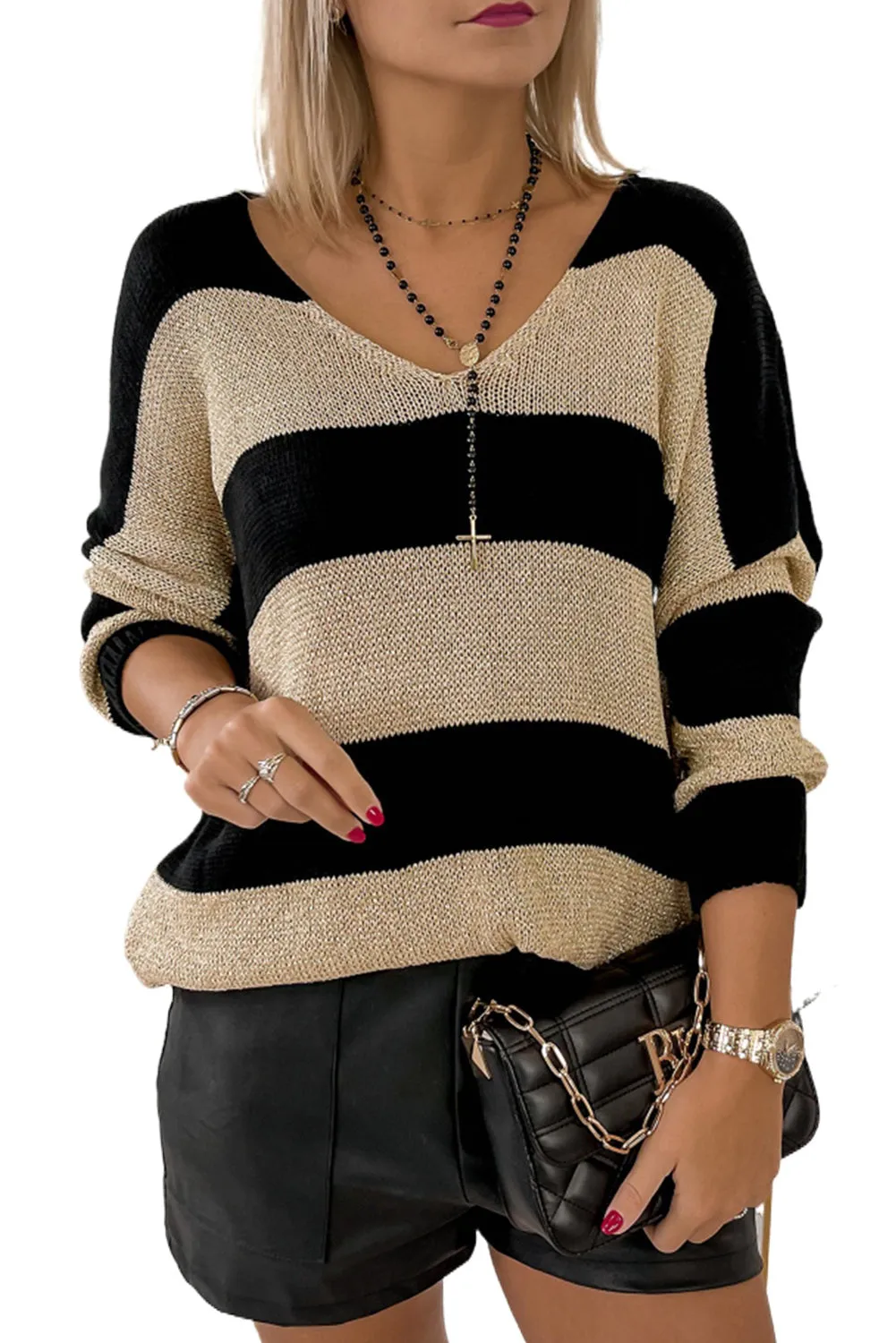 Black Contrast Striped V Neck Loose Sweater