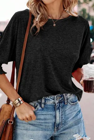 Black Green Smocked 3/4 Sleeve Casual Loose Top