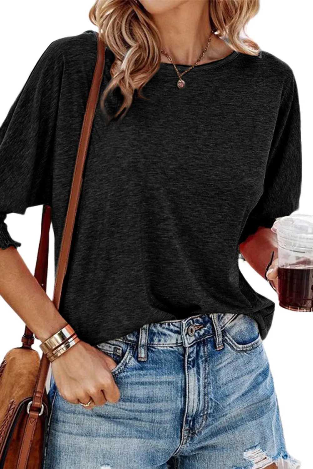 Black Green Smocked 3/4 Sleeve Casual Loose Top