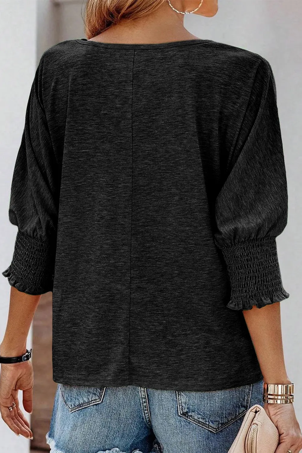 Black Green Smocked 3/4 Sleeve Casual Loose Top