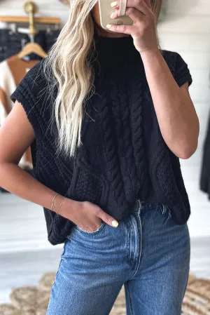 Black Solid Color Cable Knit High Neck Sweater T Shirt