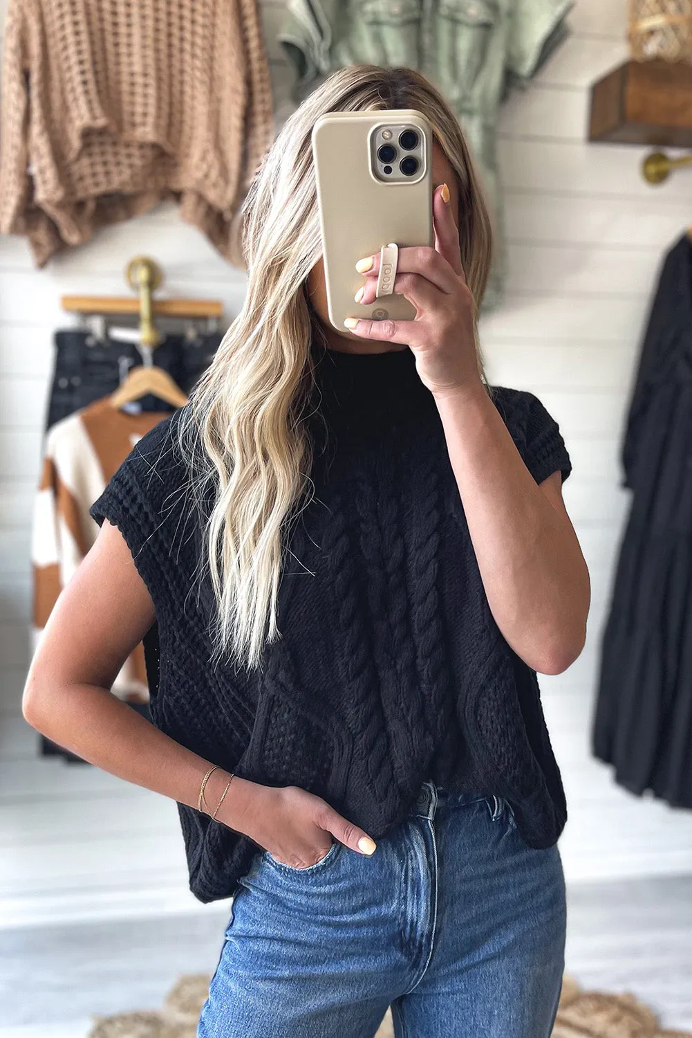 Black Solid Color Cable Knit High Neck Sweater T Shirt