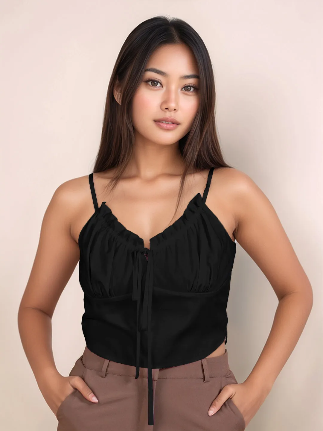 Black Solid Sleeveless Crop Top