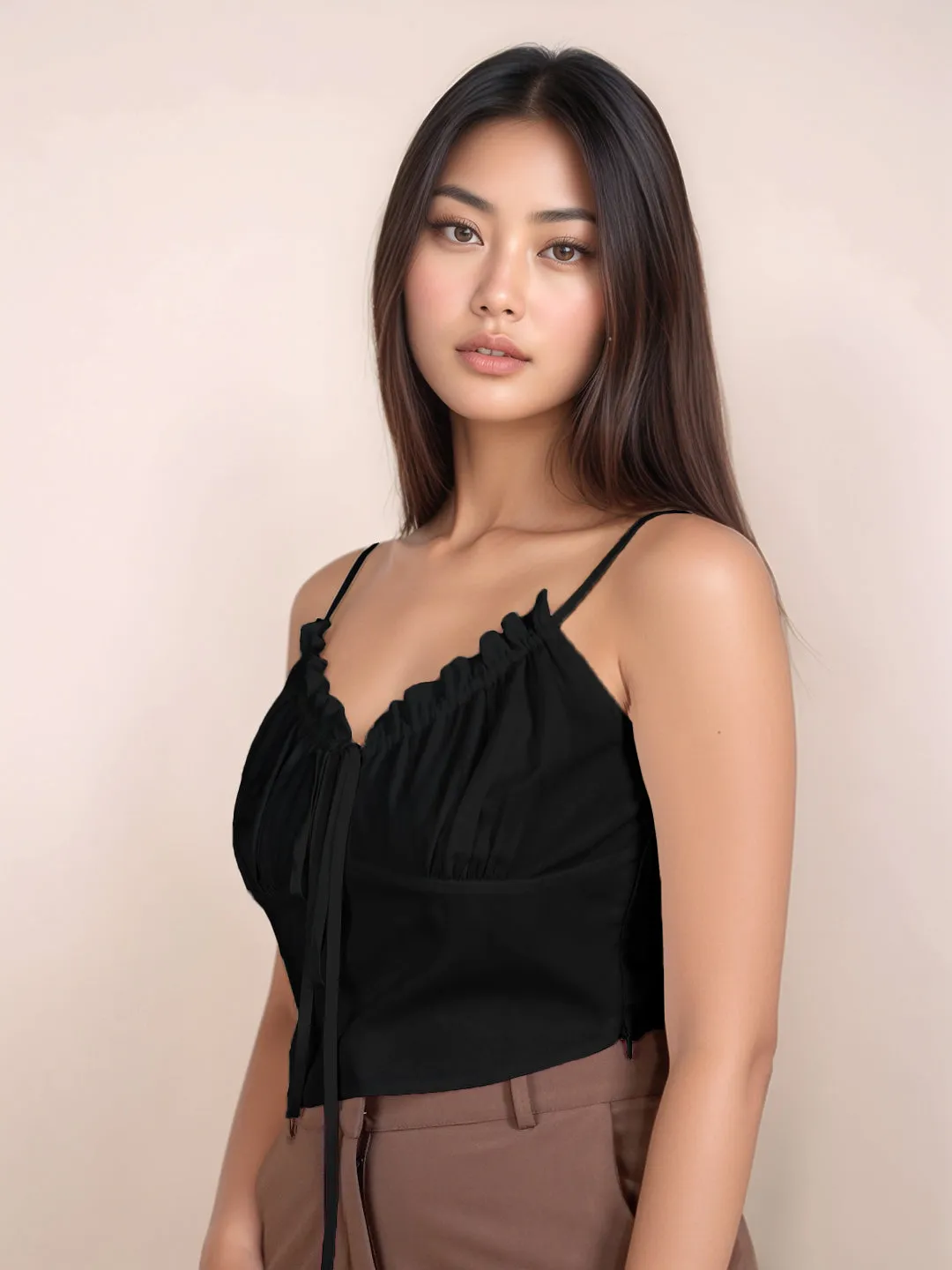 Black Solid Sleeveless Crop Top