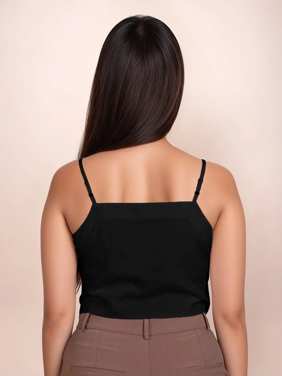 Black Solid Sleeveless Crop Top