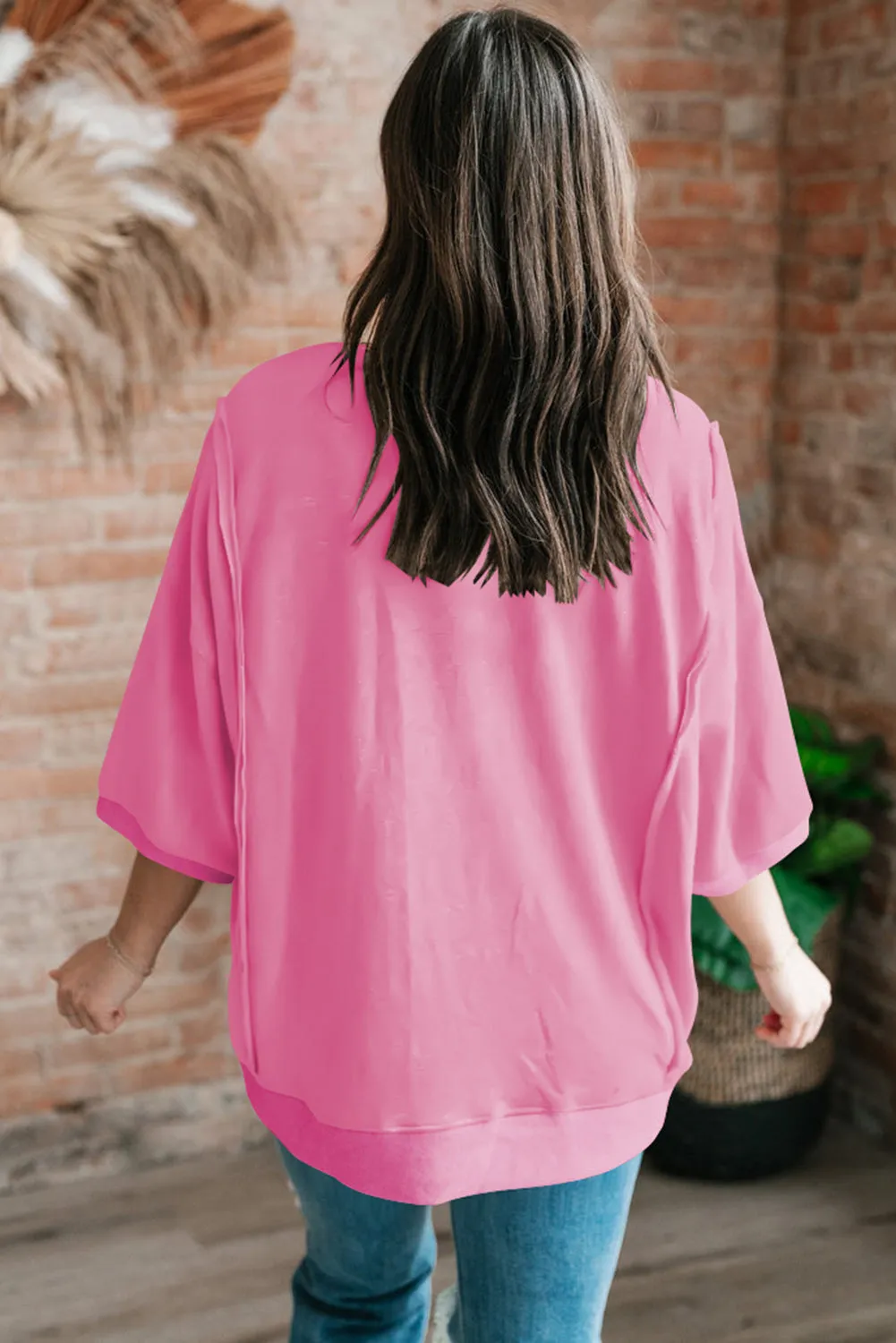 Bonbon Exposed Seam Chest Pocket Split Loose T Shirt
