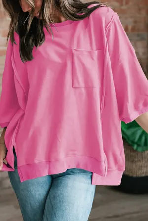 Bonbon Exposed Seam Chest Pocket Split Loose T Shirt