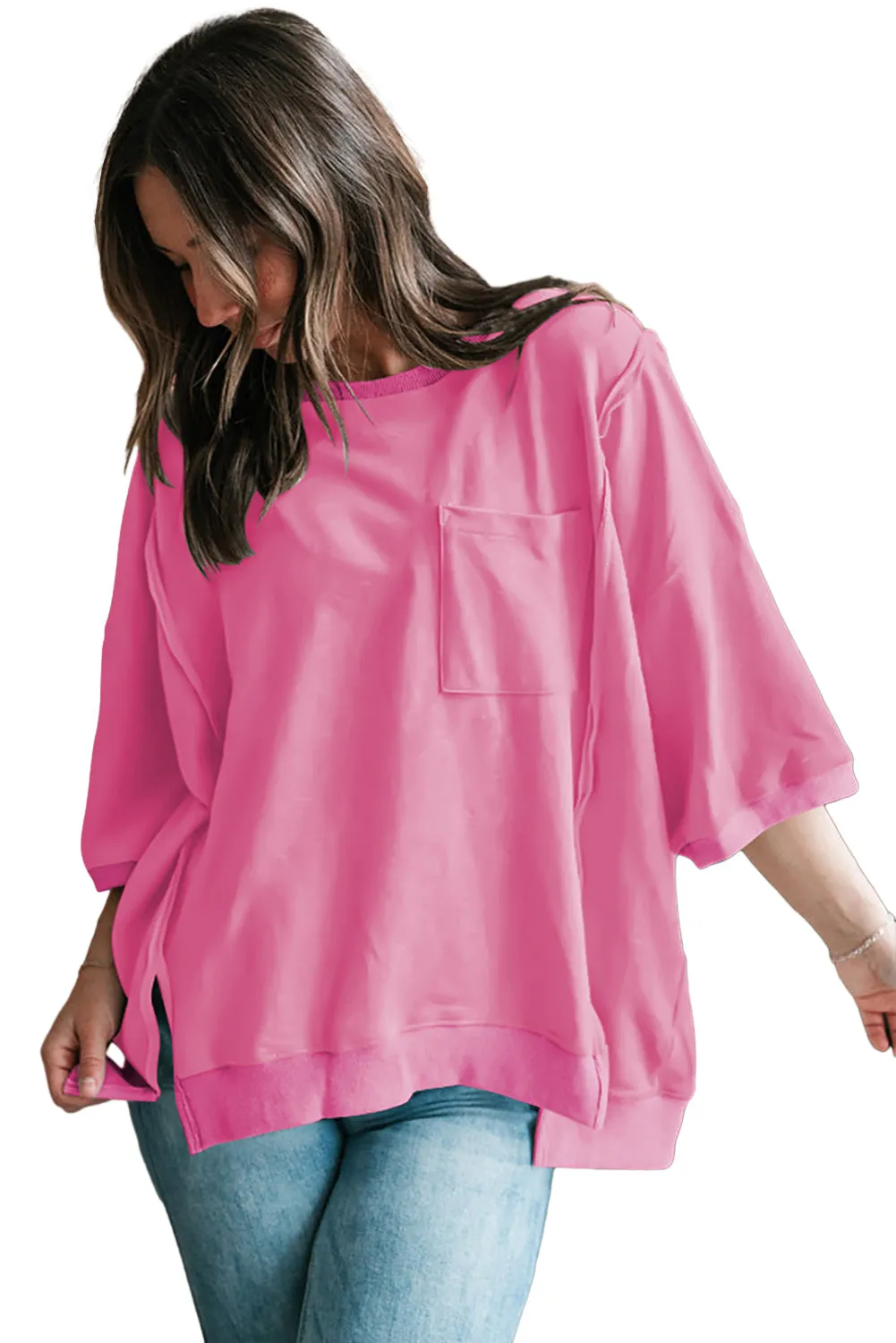 Bonbon Exposed Seam Chest Pocket Split Loose T Shirt
