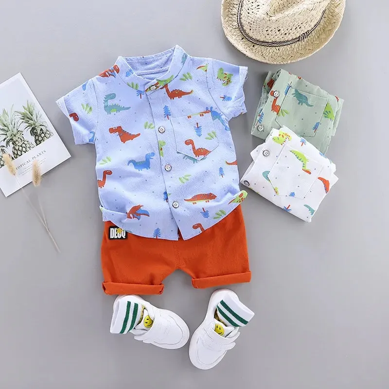 Cartoon Dinosaur Print Toddler Boy Set: Shirt   Pants