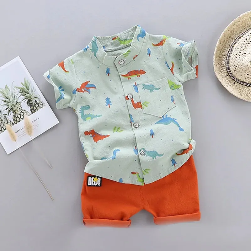 Cartoon Dinosaur Print Toddler Boy Set: Shirt   Pants