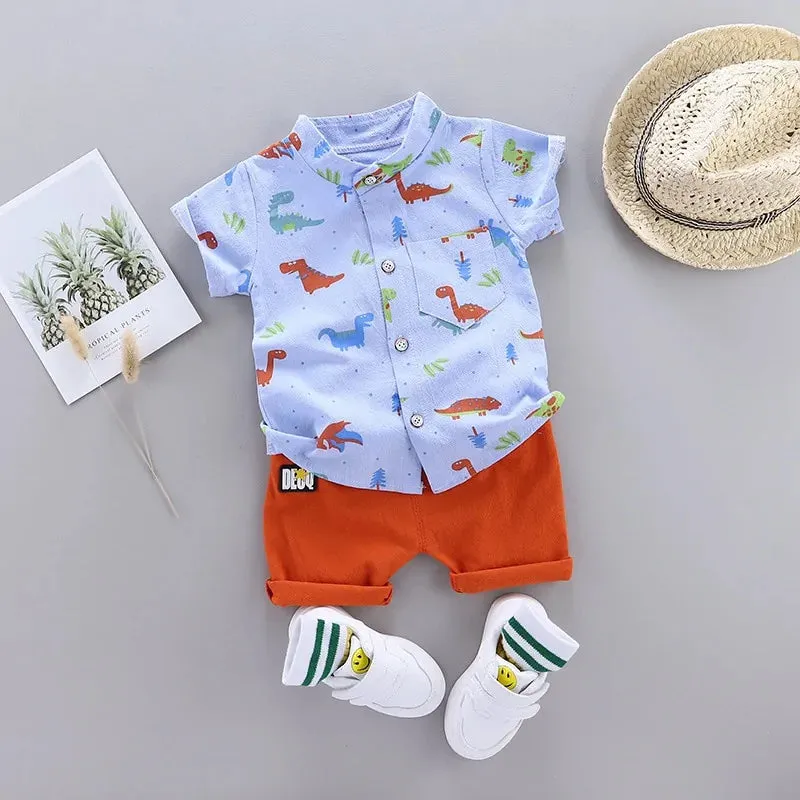 Cartoon Dinosaur Print Toddler Boy Set: Shirt   Pants