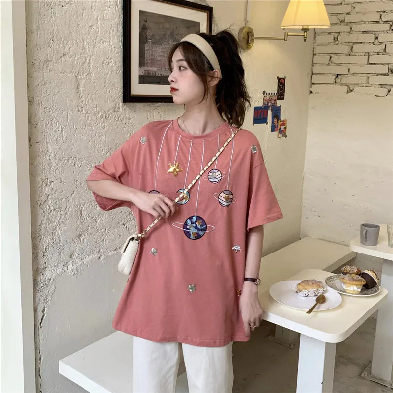 Cartoon Planets Embroidered Loose Shirt