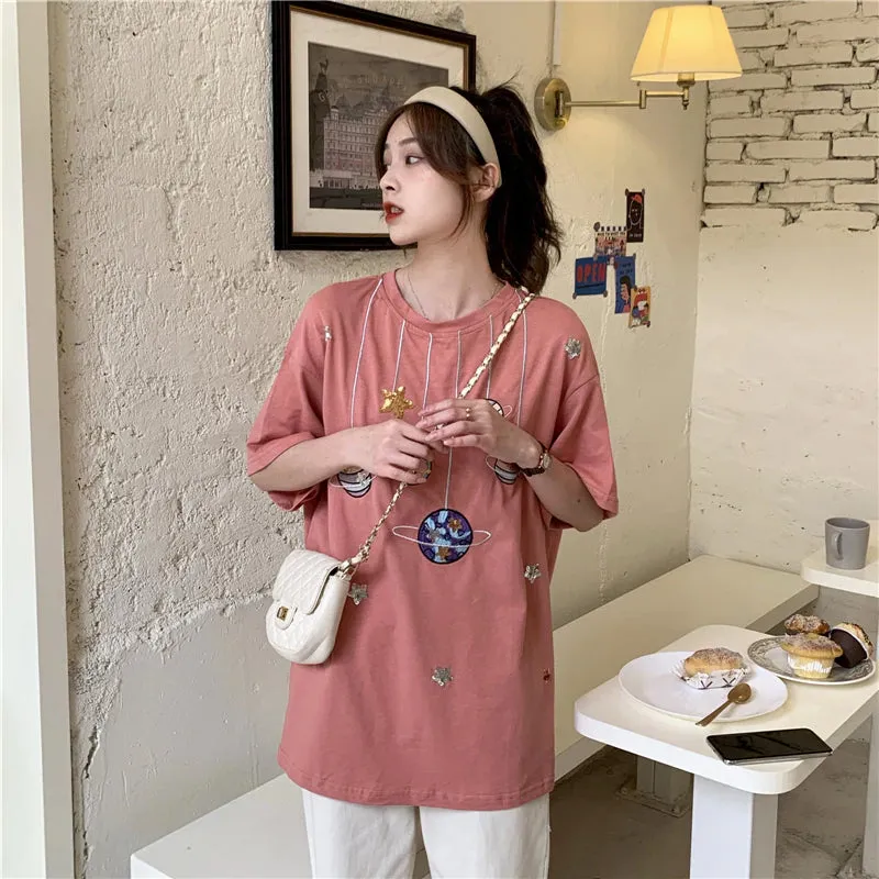 Cartoon Planets Embroidered Loose Shirt