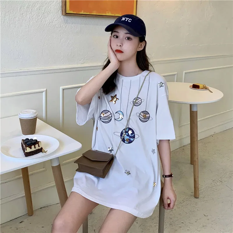 Cartoon Planets Embroidered Loose Shirt