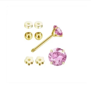 Children's Earrings:  Surgical Steel with Gold IP, 4mm Pink CZ Studs with Flower Screw Backs   2 Sets of Spare Screw Backs