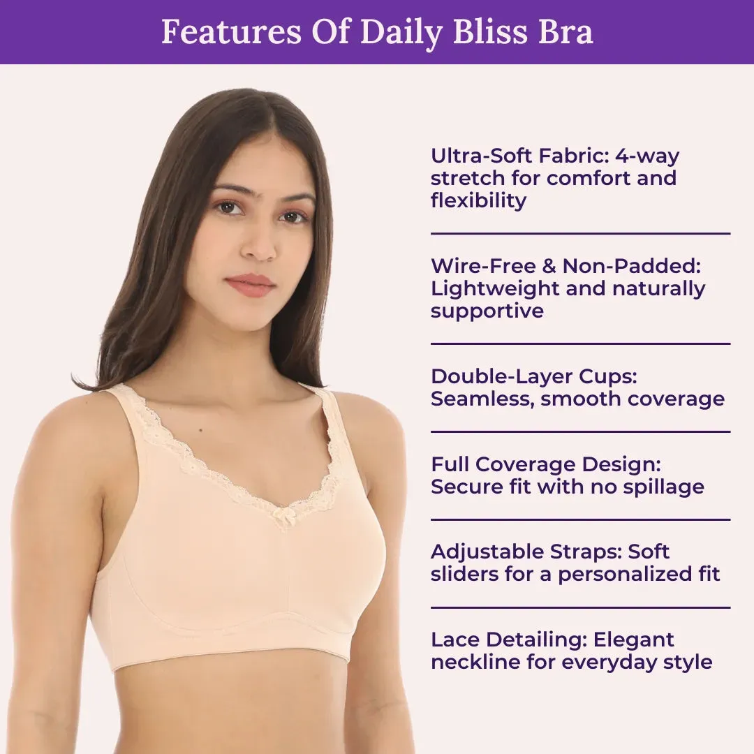Cotton Bra | Lace Detailing | Full Coverage | Wire-Free & Non-Padded | Seamless Cups | No Centre Panel | Hidden Side Panels | 3 Pack