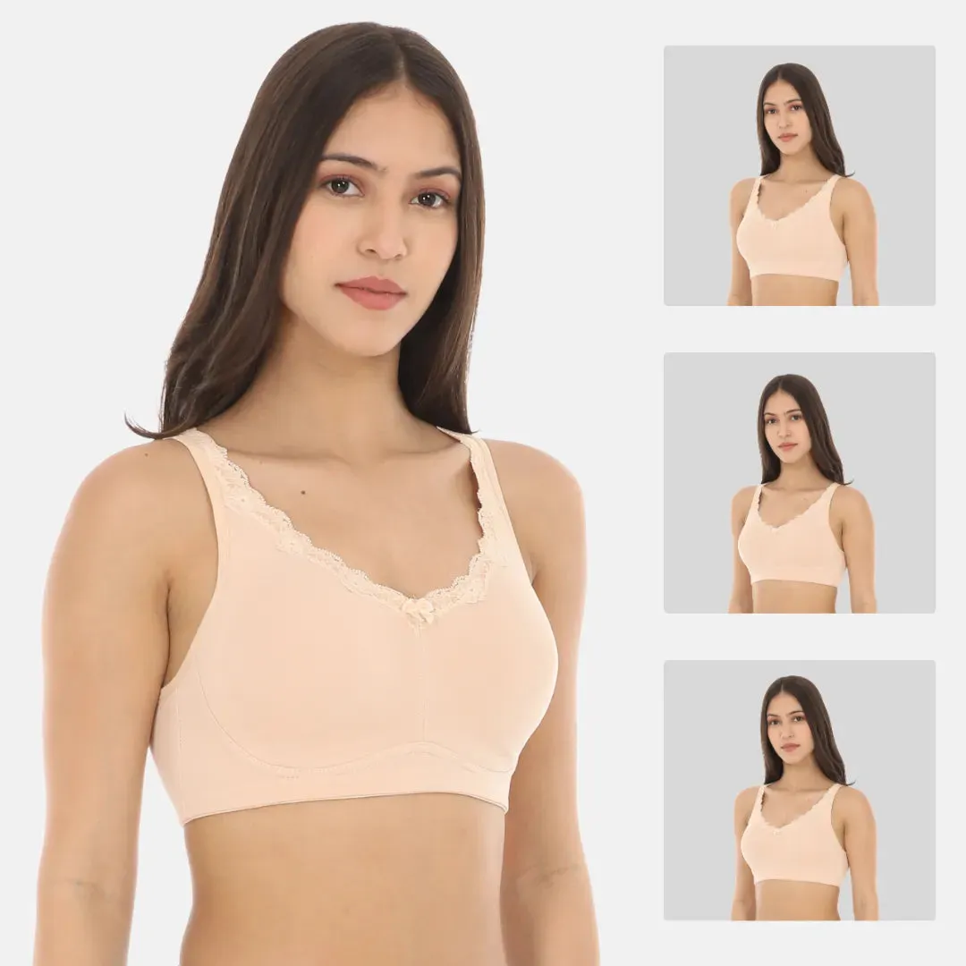 Cotton Bra | Lace Detailing | Full Coverage | Wire-Free & Non-Padded | Seamless Cups | No Centre Panel | Hidden Side Panels | 3 Pack