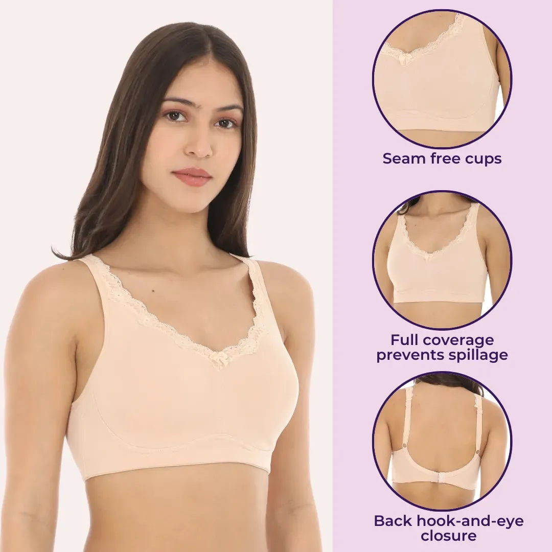 Cotton Bra | Lace Detailing | Full Coverage | Wire-Free & Non-Padded | Seamless Cups | No Centre Panel | Hidden Side Panels | 3 Pack