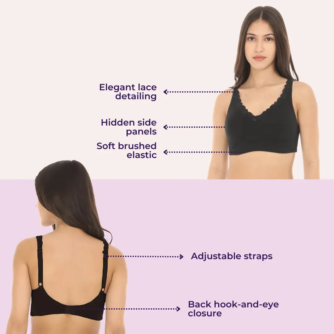 Cotton Bra | Lace Detailing | Full Coverage | Wire-Free & Non-Padded | Seamless Cups | No Centre Panel | Hidden Side Panels | 3 Pack
