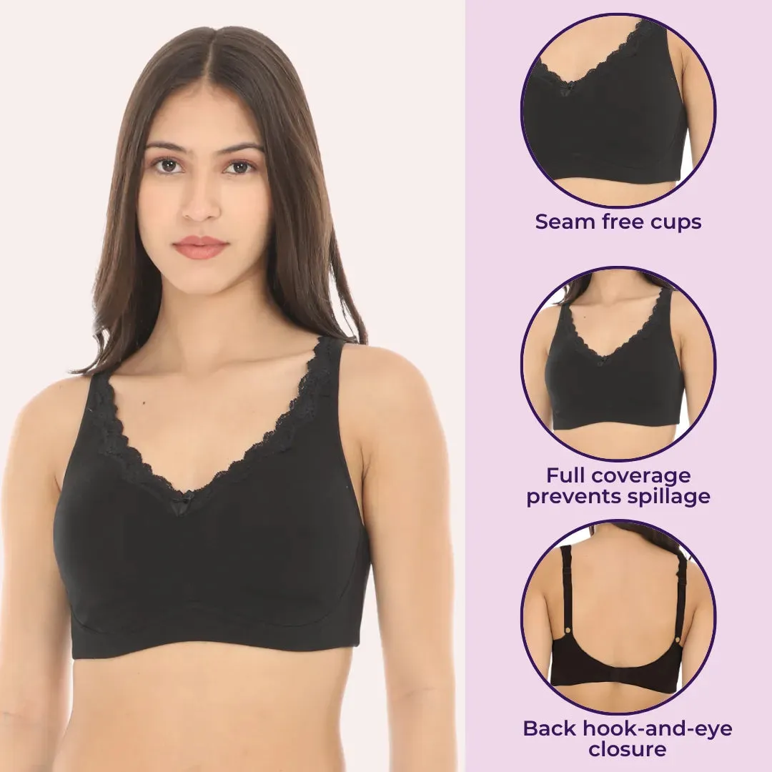Cotton Bra | Lace Detailing | Full Coverage | Wire-Free & Non-Padded | Seamless Cups | No Centre Panel | Hidden Side Panels | 3 Pack