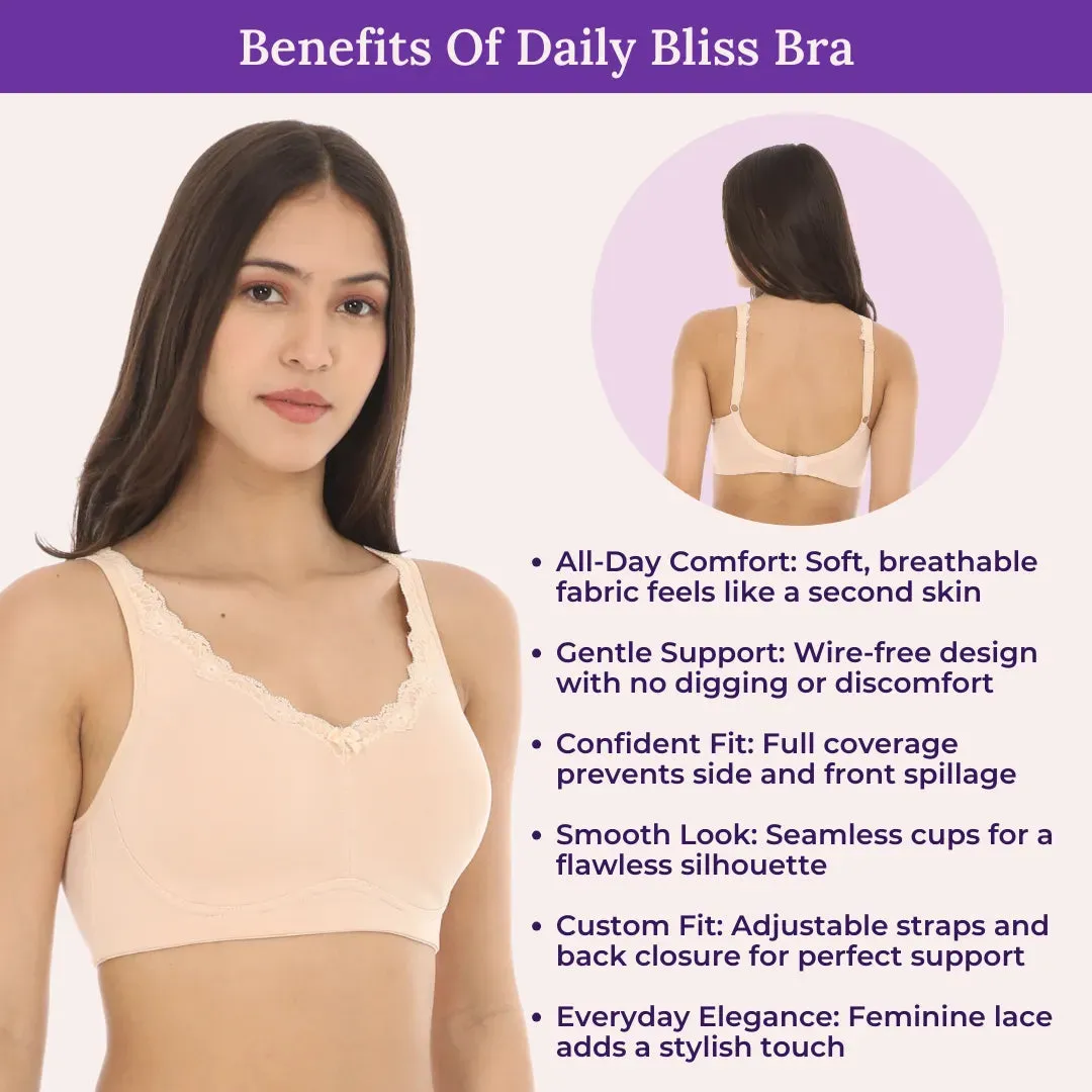 Cotton Bra | Lace Detailing | Full Coverage | Wire-Free & Non-Padded | Seamless Cups | No Centre Panel | Hidden Side Panels | 3 Pack