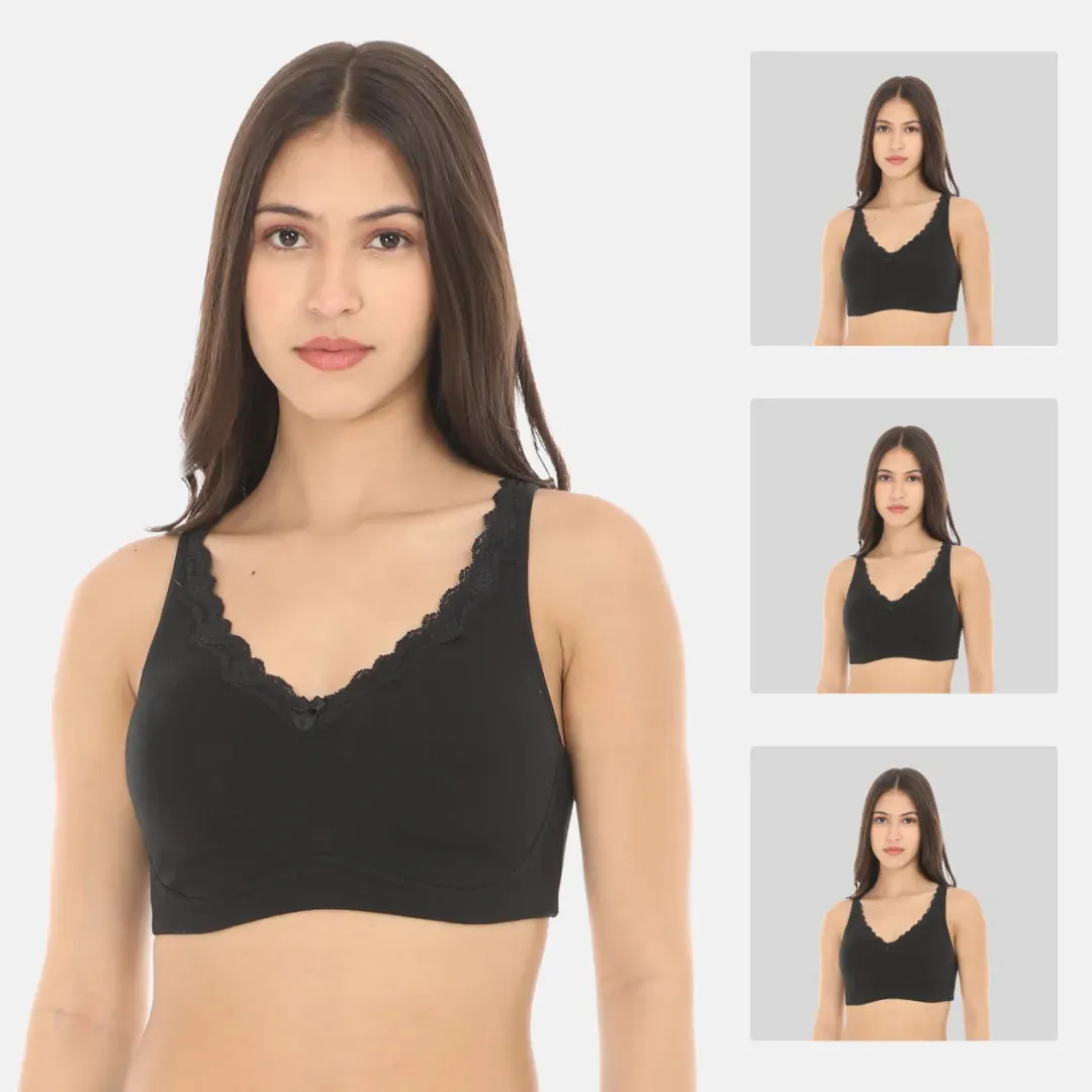 Cotton Bra | Lace Detailing | Full Coverage | Wire-Free & Non-Padded | Seamless Cups | No Centre Panel | Hidden Side Panels | 3 Pack
