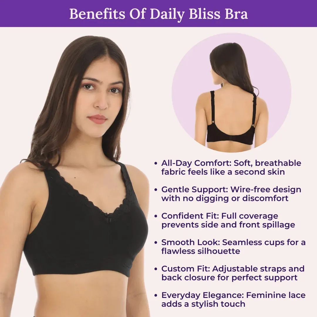 Cotton Bra | Lace Detailing | Full Coverage | Wire-Free & Non-Padded | Seamless Cups | No Centre Panel | Hidden Side Panels | 3 Pack