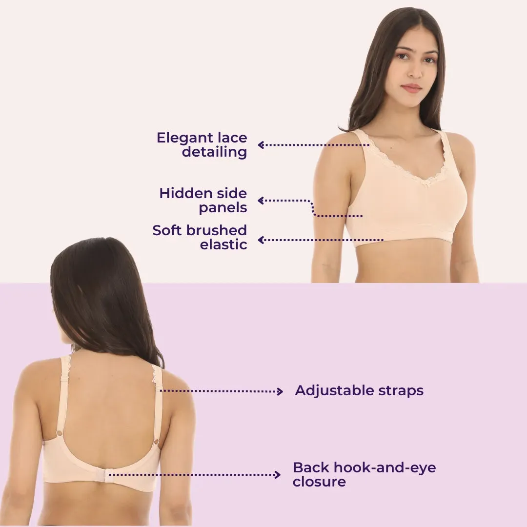 Cotton Bra | Lace Detailing | Full Coverage | Wire-Free & Non-Padded | Seamless Cups | No Centre Panel | Hidden Side Panels | 3 Pack