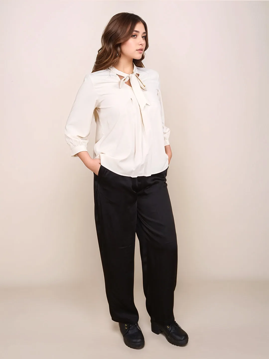 Cream Solid Relaxed Fit Top