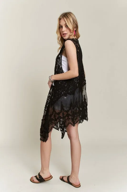Crochet Lace Kimono Vest in black *