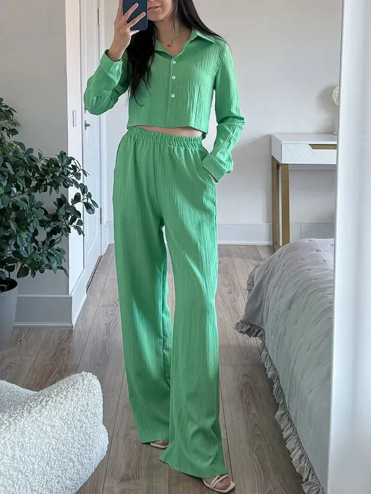 Cropped Long Sleeve Shirt and Relaxed Fit Pants Set