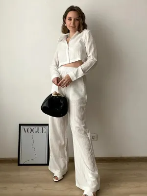 Cropped Long Sleeve Shirt and Relaxed Fit Pants Set