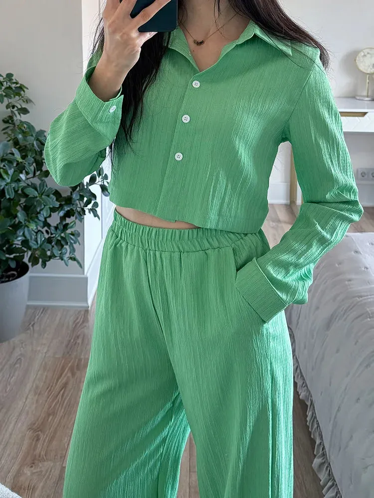 Cropped Long Sleeve Shirt and Relaxed Fit Pants Set