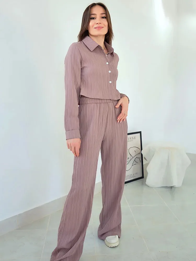 Cropped Long Sleeve Shirt and Relaxed Fit Pants Set