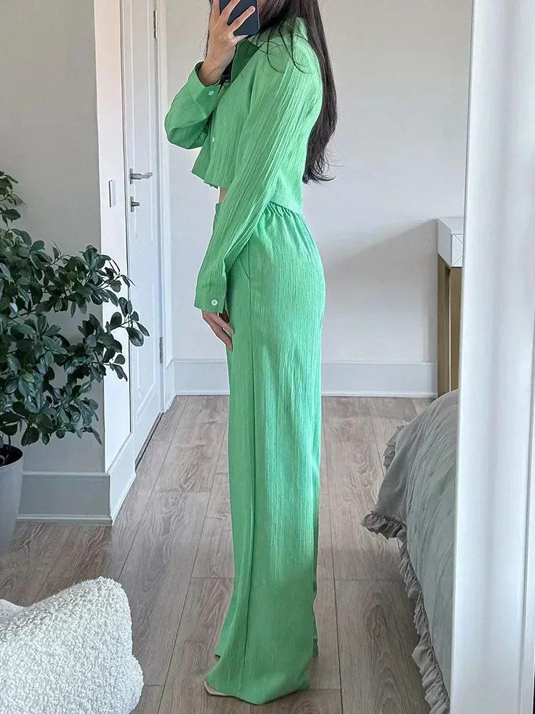 Cropped Long Sleeve Shirt and Relaxed Fit Pants Set
