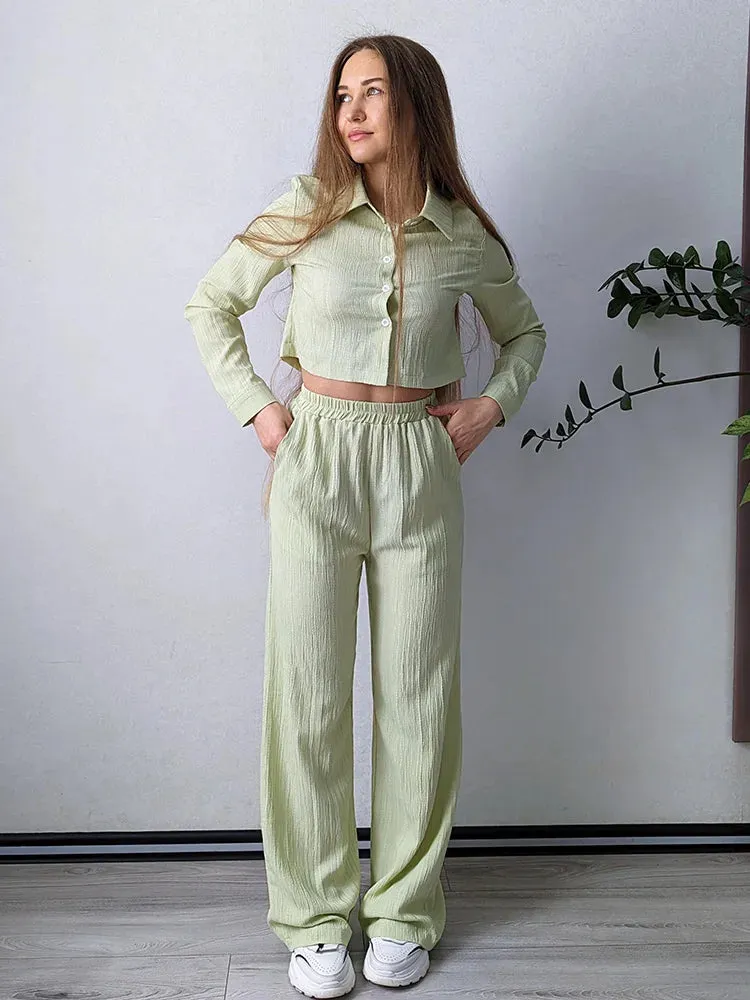 Cropped Long Sleeve Shirt and Relaxed Fit Pants Set