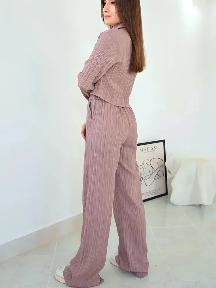 Cropped Long Sleeve Shirt and Relaxed Fit Pants Set