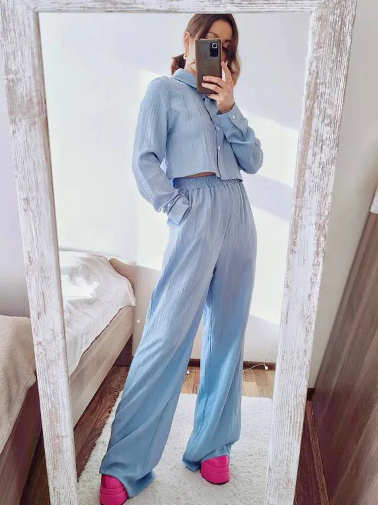 Cropped Long Sleeve Shirt and Relaxed Fit Pants Set