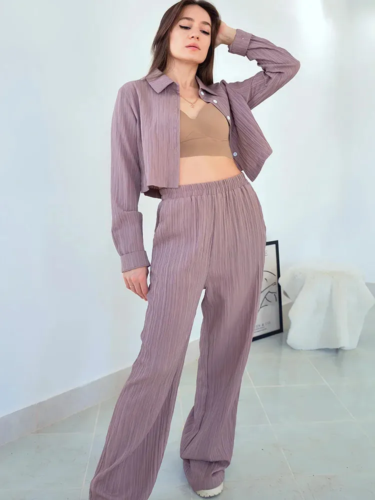 Cropped Long Sleeve Shirt and Relaxed Fit Pants Set