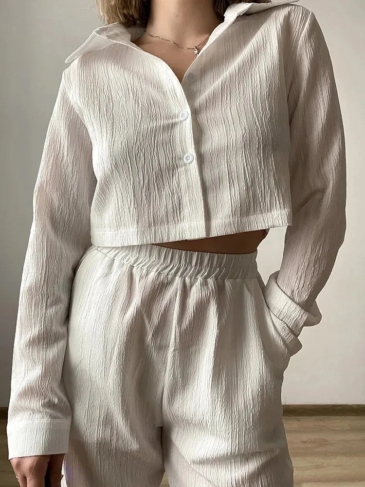 Cropped Long Sleeve Shirt and Relaxed Fit Pants Set