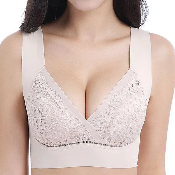 Deep Plunge Embroidered Full Cup Wireless Bras - Nude