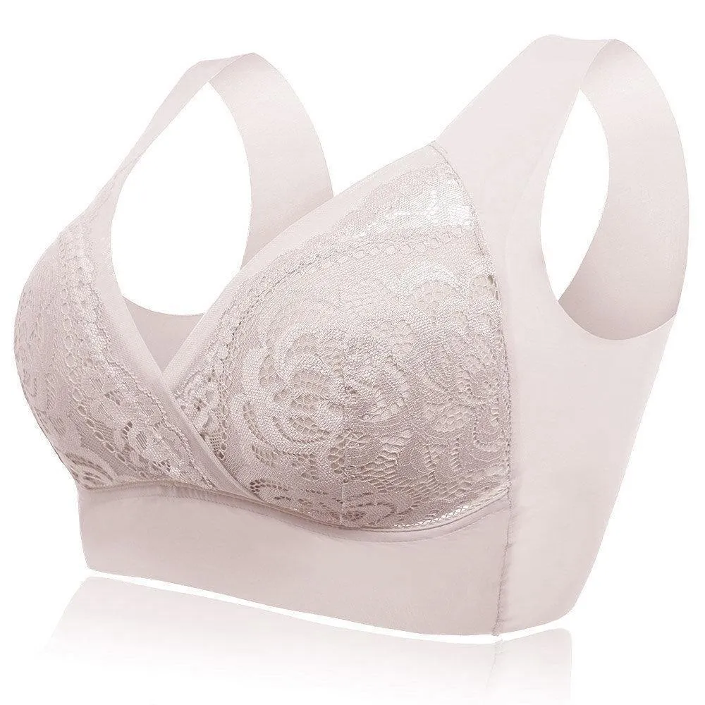 Deep Plunge Embroidered Full Cup Wireless Bras - Nude