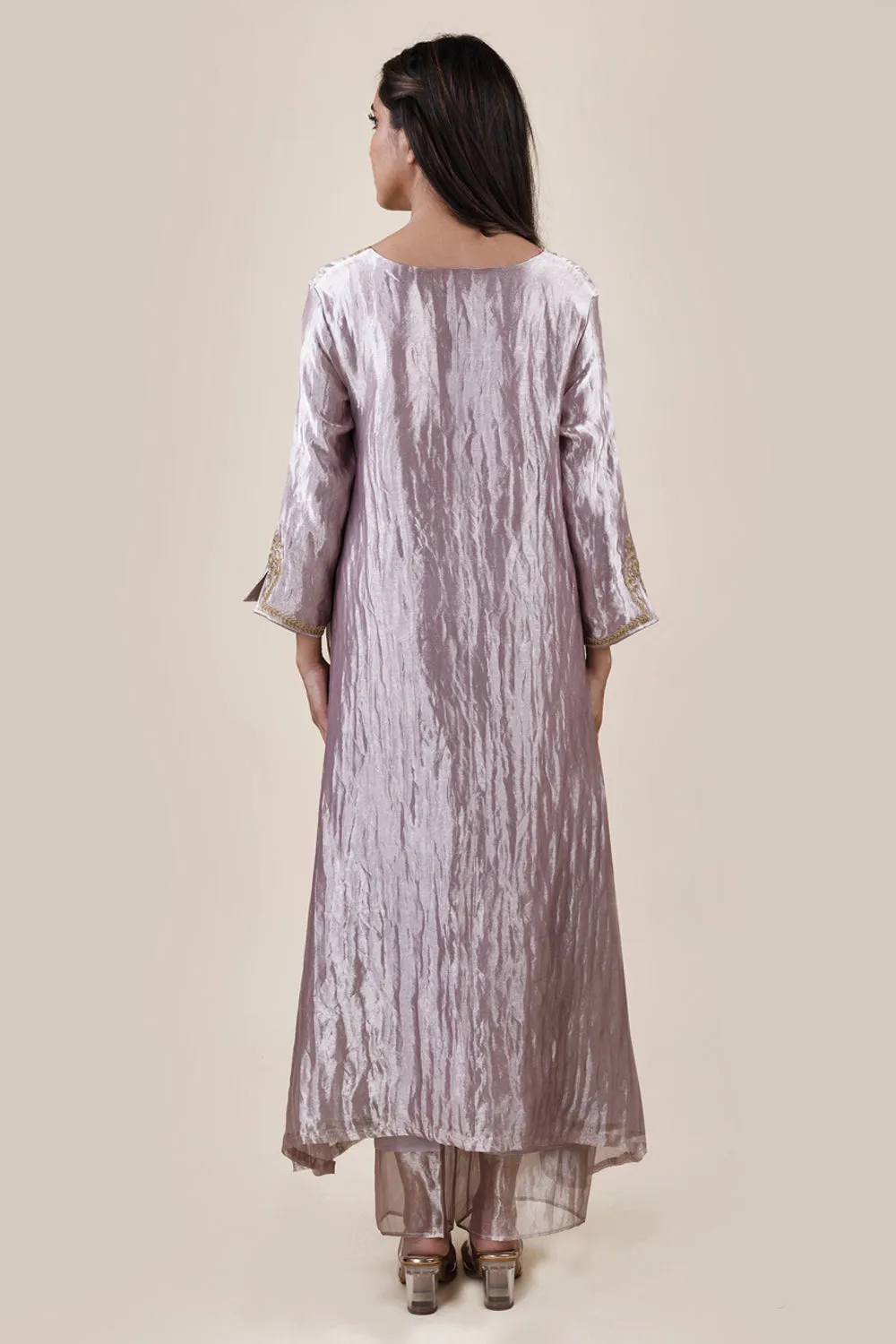 Embroidered Tissue A-Line Kurta And Slub Silk Pants Set