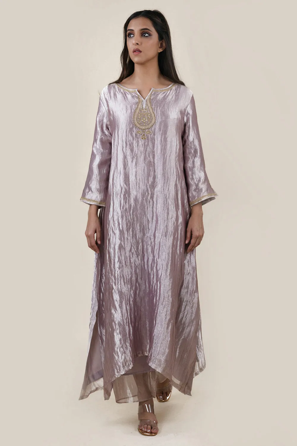 Embroidered Tissue A-Line Kurta And Slub Silk Pants Set