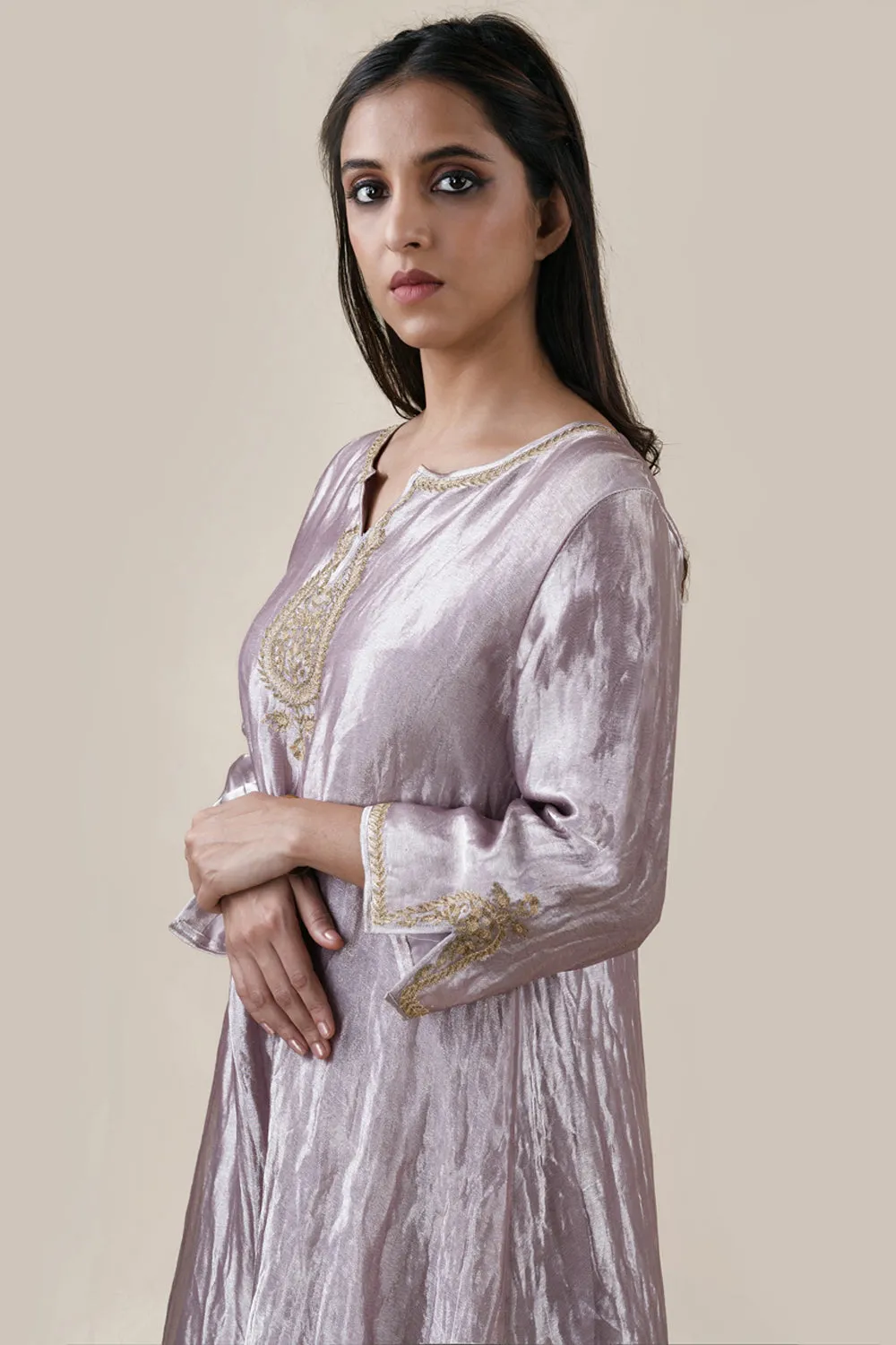 Embroidered Tissue A-Line Kurta And Slub Silk Pants Set