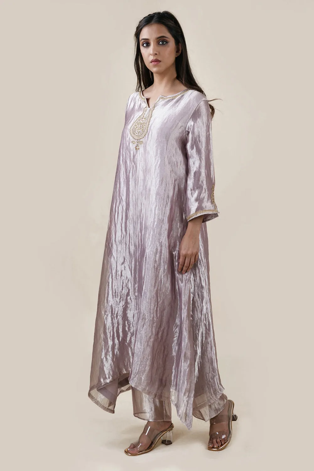 Embroidered Tissue A-Line Kurta And Slub Silk Pants Set