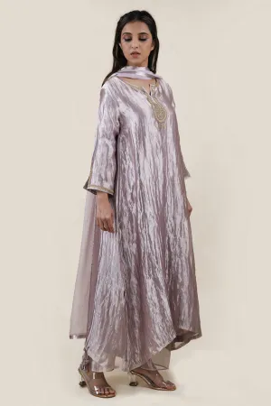 Embroidered Tissue A-Line Kurta And Slub Silk Pants Set