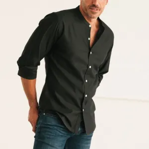 Essential Band Collar WB Casual Shirt - Jet Black Stretch Poplin