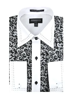 Ferrecci Men's Satine Hi-1006 Black & White Scroll Pattern Button Down Dress Shirt