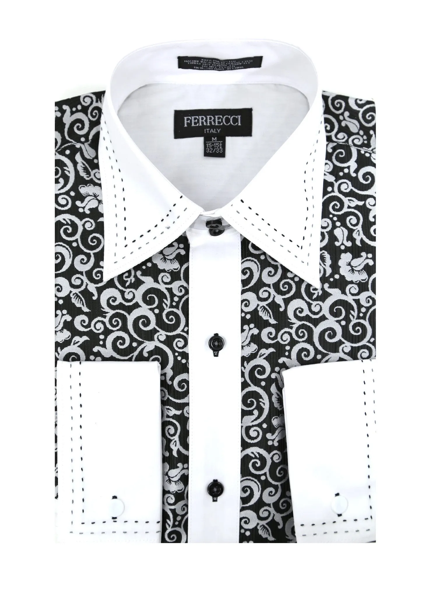 Ferrecci Men's Satine Hi-1006 Black & White Scroll Pattern Button Down Dress Shirt